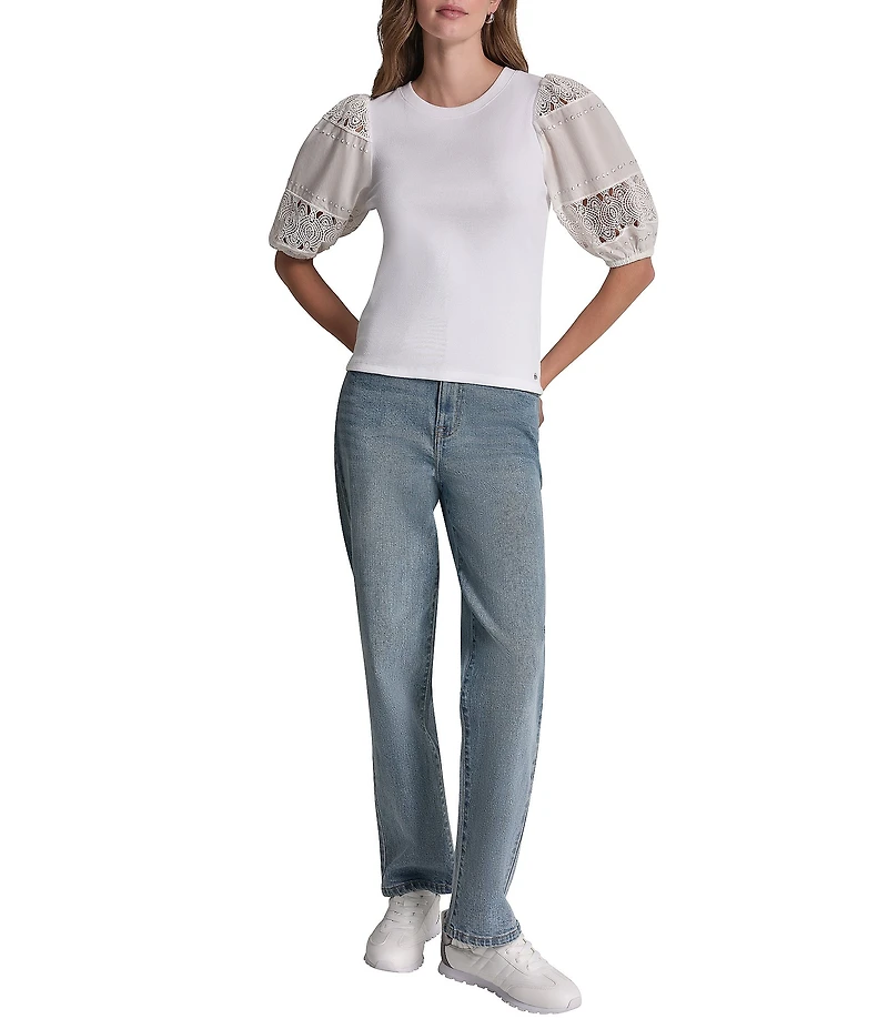 DKNY Jeans by Donna Karan Jeans Knit Crew Neck Elbow Length Lace Eyelet Puff Sleeve Top