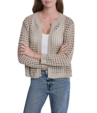 DKNY Jeans by Donna Karan Open Stitch Cotton Crew Neck 3/4 Sleeve Open Front Cardigan