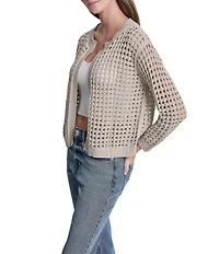 DKNY Jeans by Donna Karan Open Stitch Cotton Crew Neck 3/4 Sleeve Open Front Cardigan
