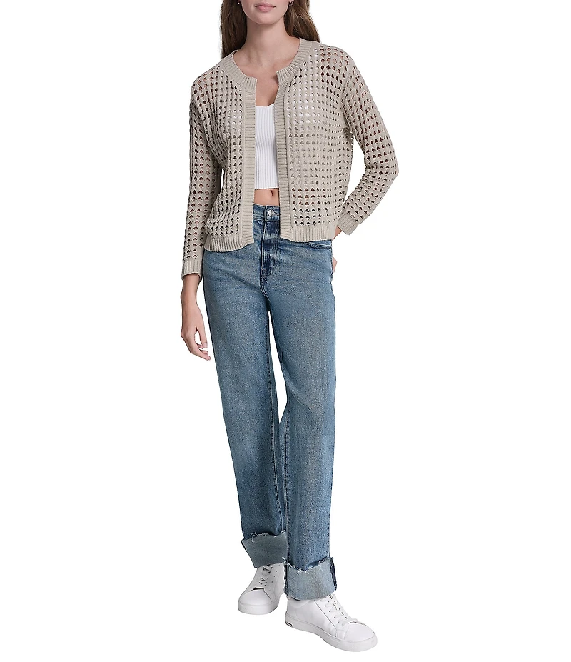 DKNY Jeans by Donna Karan Open Stitch Cotton Crew Neck 3/4 Sleeve Open Front Cardigan