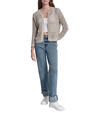 DKNY Jeans by Donna Karan Open Stitch Cotton Crew Neck 3/4 Sleeve Open Front Cardigan