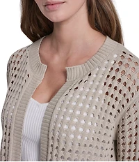 DKNY Jeans by Donna Karan Open Stitch Cotton Crew Neck 3/4 Sleeve Open Front Cardigan