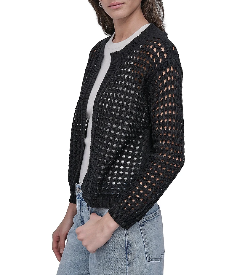 DKNY Jeans by Donna Karan Open Stitch Cotton Crew Neck 3/4 Sleeve Open Front Cardigan