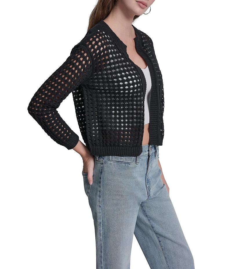 DKNY Jeans by Donna Karan Open Stitch Cotton Crew Neck 3/4 Sleeve Open Front Cardigan