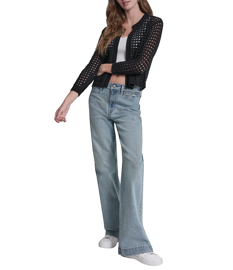 DKNY Jeans by Donna Karan Open Stitch Cotton Crew Neck 3/4 Sleeve Open Front Cardigan