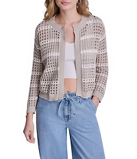 DKNY Jeans by Donna Karan Open Stitch Crew Neck 3/4 Sleeve Cardigan