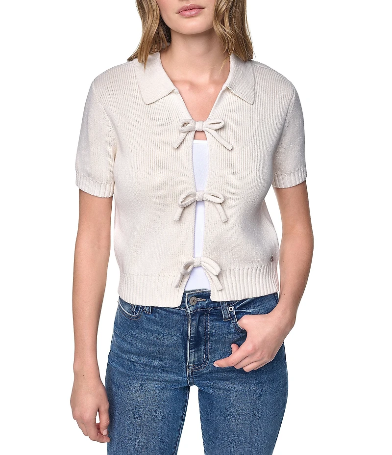 DKNY Jeans by Donna Karan Polo Point Collar Tie Front Short Sleeve Sweater