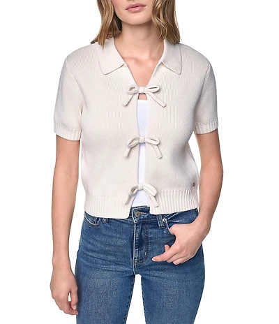 DKNY Jeans by Donna Karan Polo Point Collar Tie Front Short Sleeve Sweater