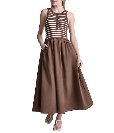 DKNY Jeans by Donna Karan Ribbed Henley Stripe Crew Neck Sleeveless Midi Dress