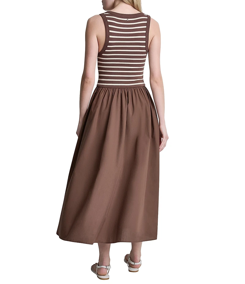DKNY Jeans by Donna Karan Ribbed Henley Stripe Crew Neck Sleeveless Midi Dress