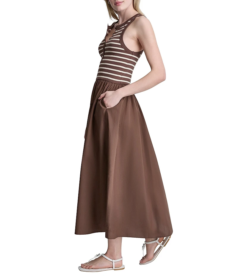 DKNY Jeans by Donna Karan Ribbed Henley Stripe Crew Neck Sleeveless Midi Dress