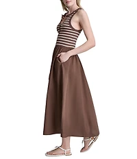 DKNY Jeans by Donna Karan Ribbed Henley Stripe Crew Neck Sleeveless Midi Dress