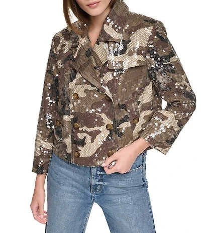 DKNY Jeans by Donna Karan Sequin Camo Notch Collar 3/4 Sleeve Trench Jacket