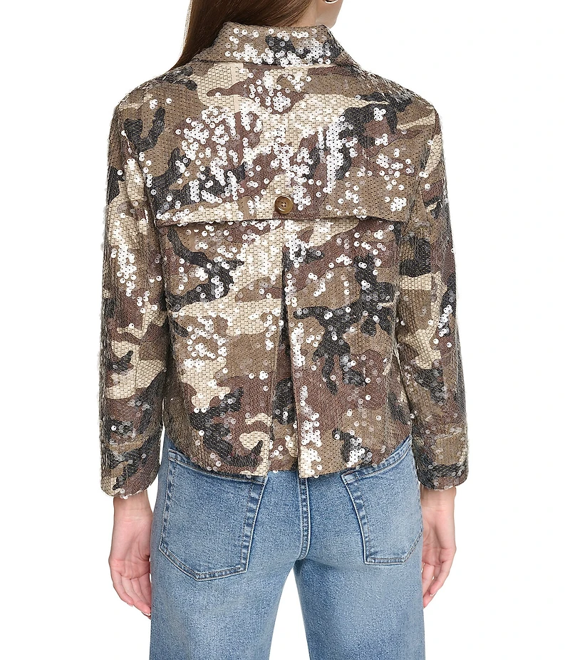 DKNY Jeans by Donna Karan Sequin Camo Notch Collar 3/4 Sleeve Trench Jacket