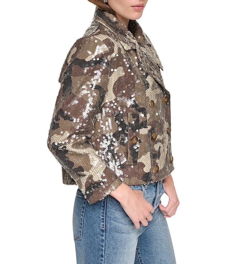 DKNY Jeans by Donna Karan Sequin Camo Notch Collar 3/4 Sleeve Trench Jacket