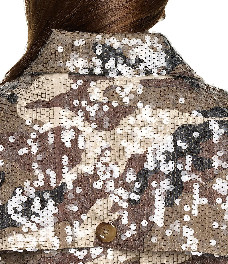 DKNY Jeans by Donna Karan Sequin Camo Notch Collar 3/4 Sleeve Trench Jacket