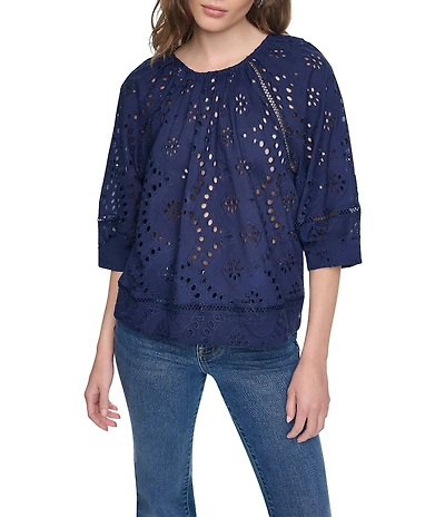 DKNY Jeans by Donna Karan Shirred Crew Neck 3/4 Raglan Sleeve Top