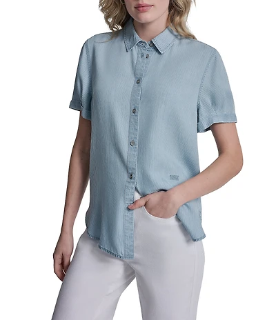 DKNY Jeans by Donna Karan Tencel Chambray Point Collar Short Sleeve Button Front Shirt
