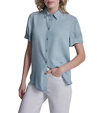 DKNY Jeans by Donna Karan Tencel Chambray Point Collar Short Sleeve Button Front Shirt