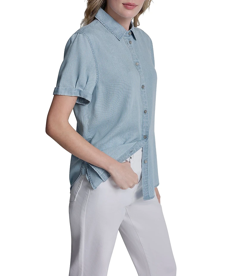 DKNY Jeans by Donna Karan Tencel Chambray Point Collar Short Sleeve Button Front Shirt