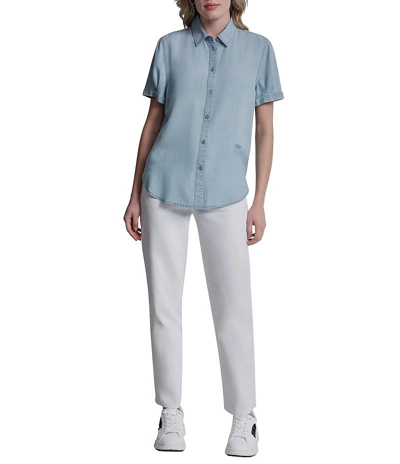 DKNY Jeans by Donna Karan Tencel Chambray Point Collar Short Sleeve Button Front Shirt