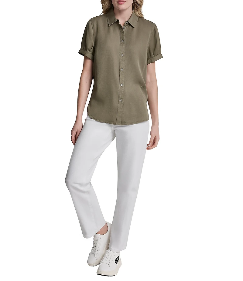 DKNY Jeans by Donna Karan Tencel Point Collar Short Sleeve Button Front Shirt