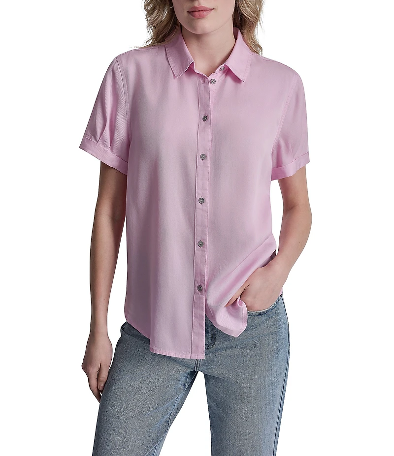 DKNY Jeans by Donna Karan Tencel Point Collar Short Sleeve Button Front Shirt