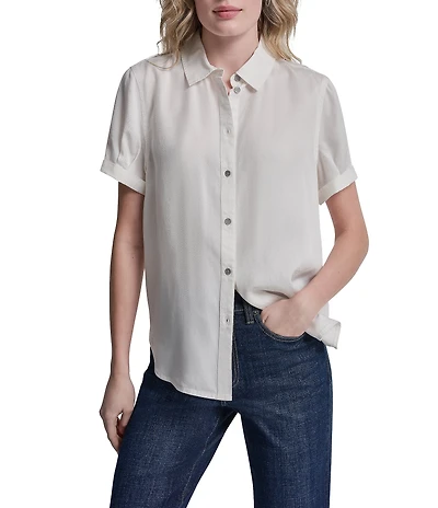 DKNY Jeans by Donna Karan Tencel Point Collar Short Sleeve Button Front Shirt