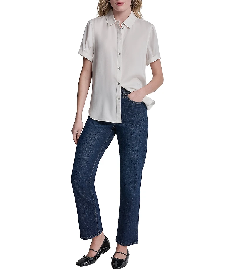 DKNY Jeans by Donna Karan Tencel Point Collar Short Sleeve Button Front Shirt