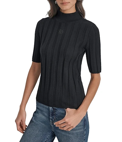 DKNY Jeans by Donna Karan Wide Rib Mock Neck Short Sleeve Logo Patch Top