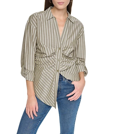 DKNY Jeans by Donna Karan Woven Stripe Spread Collar Long Sleeve Top
