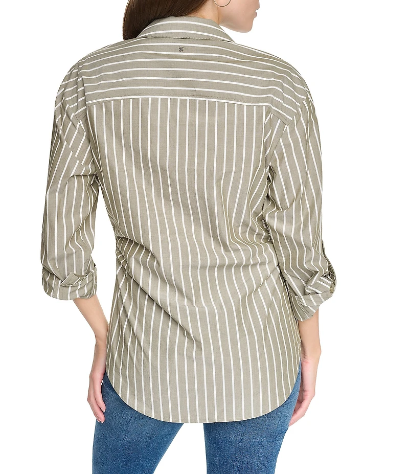 DKNY Jeans by Donna Karan Woven Stripe Spread Collar Long Sleeve Top