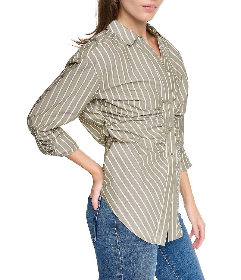 DKNY Jeans by Donna Karan Woven Stripe Spread Collar Long Sleeve Top