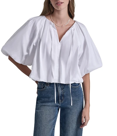 DKNY Jeans by Donna Karan Woven Tie V-Neck Short Puff Sleeve Bubble Hem Top