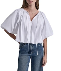 DKNY Jeans by Donna Karan Woven Tie V-Neck Short Puff Sleeve Bubble Hem Top