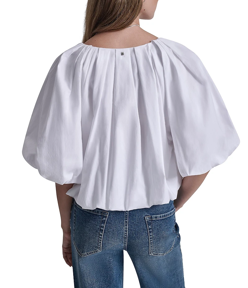 DKNY Jeans by Donna Karan Woven Tie V-Neck Short Puff Sleeve Bubble Hem Top