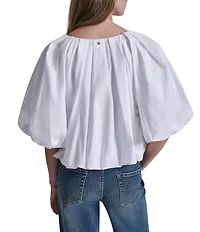 DKNY Jeans by Donna Karan Woven Tie V-Neck Short Puff Sleeve Bubble Hem Top