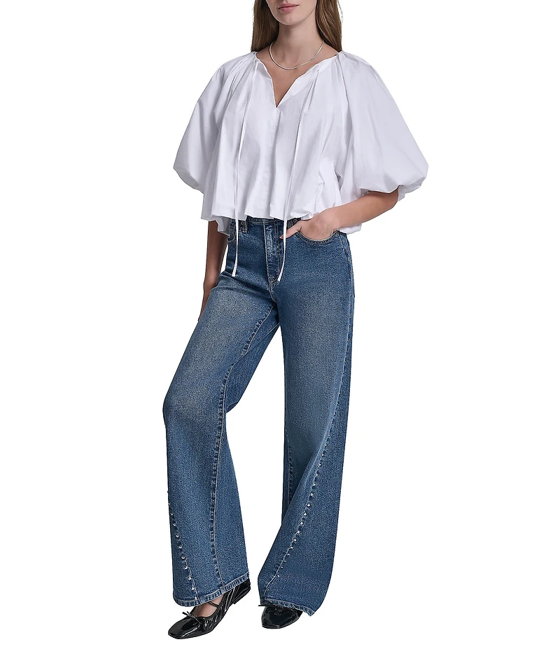 DKNY Jeans by Donna Karan Woven Tie V-Neck Short Puff Sleeve Bubble Hem Top