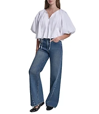 DKNY Jeans by Donna Karan Woven Tie V-Neck Short Puff Sleeve Bubble Hem Top