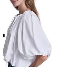 DKNY Jeans by Donna Karan Woven Tie V-Neck Short Puff Sleeve Bubble Hem Top