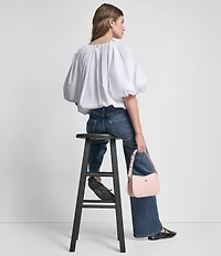 DKNY Jeans by Donna Karan Woven Tie V-Neck Short Puff Sleeve Bubble Hem Top