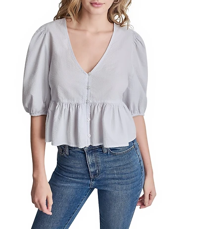 DKNY Jeans by Donna Karan Woven V-Neck Short Puff Sleeve Button Front Peplum Top
