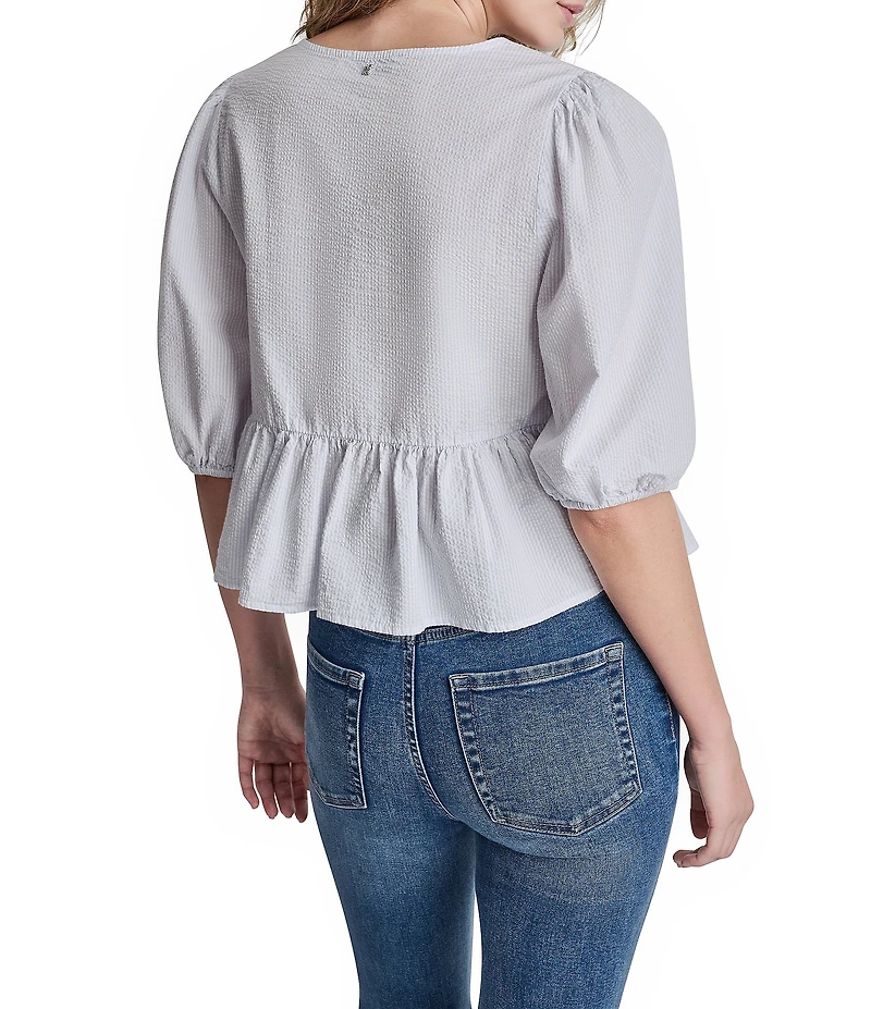 DKNY Jeans by Donna Karan Woven V-Neck Short Puff Sleeve Button Front Peplum Top