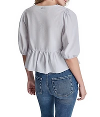 DKNY Jeans by Donna Karan Woven V-Neck Short Puff Sleeve Button Front Peplum Top