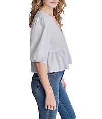 DKNY Jeans by Donna Karan Woven V-Neck Short Puff Sleeve Button Front Peplum Top
