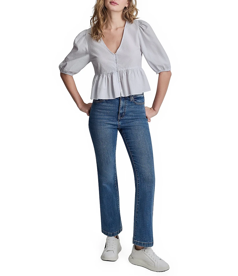 DKNY Jeans by Donna Karan Woven V-Neck Short Puff Sleeve Button Front Peplum Top