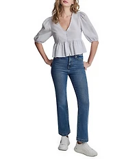 DKNY Jeans by Donna Karan Woven V-Neck Short Puff Sleeve Button Front Peplum Top