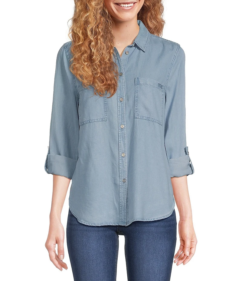 DKNY by Donna Karan Jeans Garment Dye Roll-Tab Sleeve Button Front Shirt
