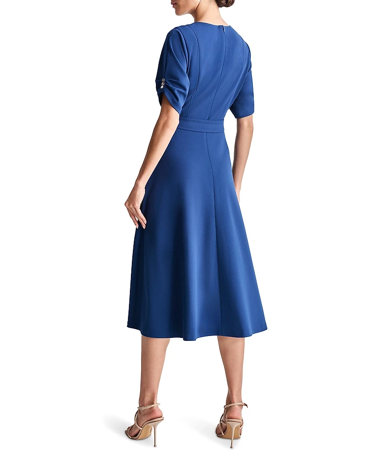 DKNY by Donna Karan Knit Round Neck Short Ruched Sleeve Tie Waist Midi Dress