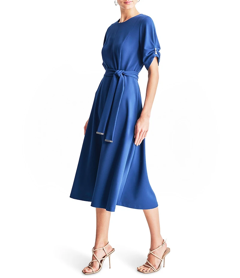 DKNY by Donna Karan Knit Round Neck Short Ruched Sleeve Tie Waist Midi Dress